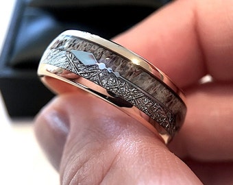 Rose Gold Tungsten Ring with Antler, Meteorite & Silver Arrow Inlay (8mm Comfort Fit)