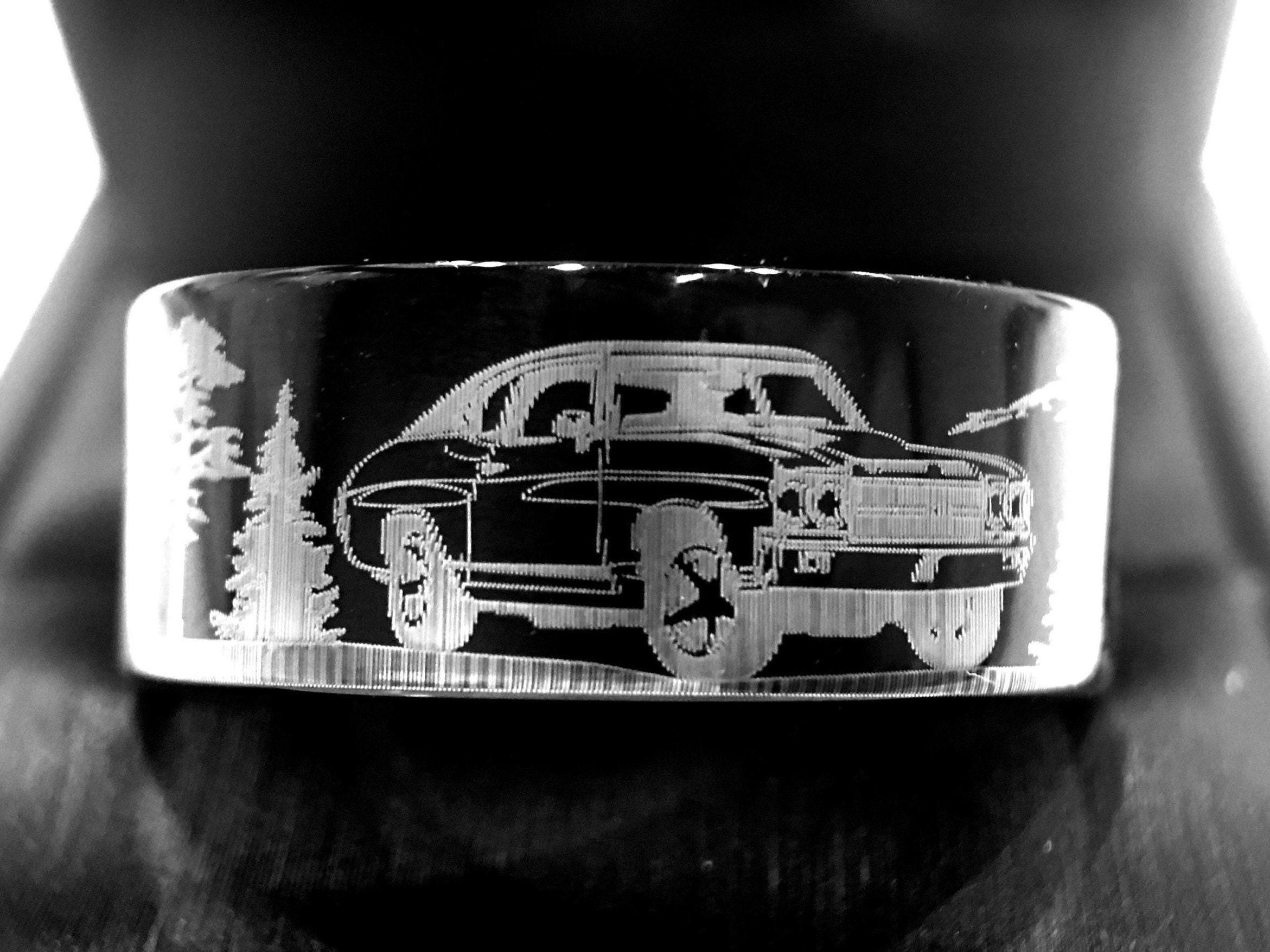 Men’s Wedding Band Black | Car Engraved Tungsten Ring | Nature-Inspired Custom Ring | Engagement Band | 8mm 10mm | Custom Engraved Ring