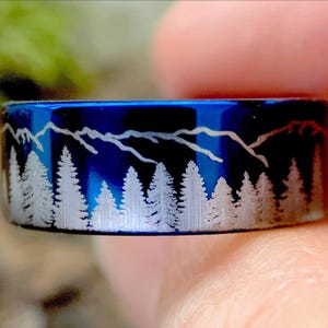Blue Tungsten Forest & Mountain Landscape Wedding Band (His and Hers, 8mm–12mm)
