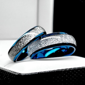 Blue Meteorite Tungsten Ring: Galaxy Wedding Band, Celestial Engagement
