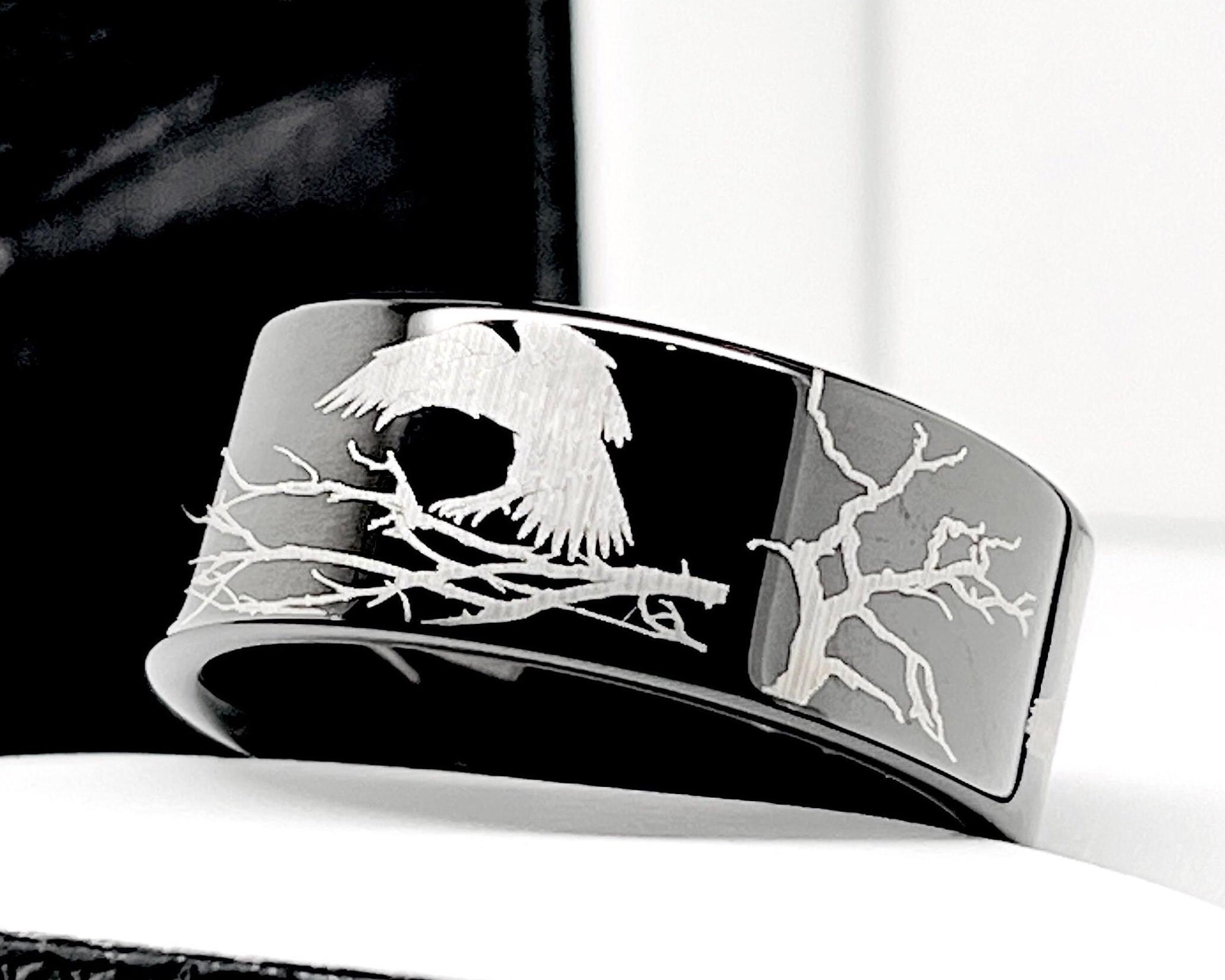 Black Tungsten Ring: Engraved Crow and Branch Design - 8mm, 10mm