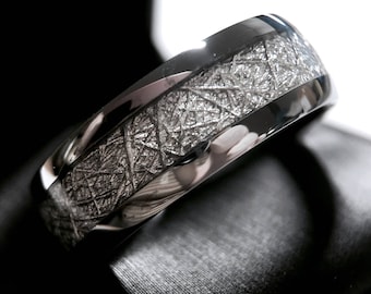 Meteorite Inlay Tungsten Ring | 4mm 6mm 7mm 8mm | Men&#39;s Astronomy Wedding Band | Women&#39;s Meteorite Ring | Comfort Fit | Cosmic Ring