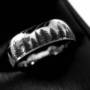 Wedding Bands, Fir Trees in Mountains Forest landscape Pattern, Mens and Women Ring, Tungsten Forest Engraved Ring, His and Her Promise Ring image 7