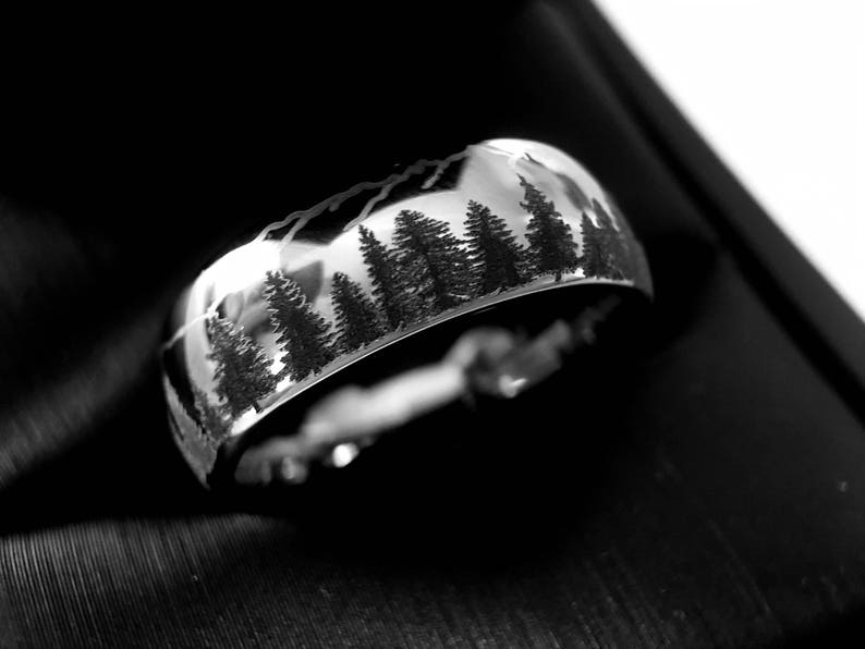 Wedding Bands, Fir Trees in Mountains Forest landscape Pattern, Mens and Women Ring, Tungsten Forest Engraved Ring, His and Her Promise Ring image 7
