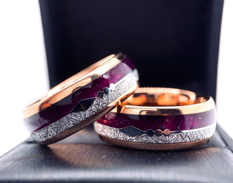 Matching Rings Set, Purple Agate and Meteorite Ring Mens Tungsten Ring, Arrows Ring, Rose Gold I Male Ring Ring for Women, Promise Rings image 3