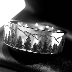 Mountain Forest Tungsten Ring | Fir Trees Engraved Wedding Band | His and Hers Gift | Mens Women Promise Ring | Nature-Inspired Band