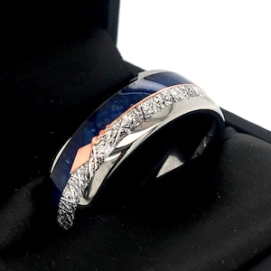 Mens Wedding Bands Blue Agate Meteorite Inlay, Rose Gold, Arrow Inlay Engagement Ring Bestseller, Tungsten Ring for Women, His and Hers