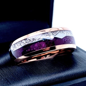 Matching Rings Set, Purple Agate and Meteorite Ring Mens Tungsten Ring, Arrows Ring, Rose Gold I Male Ring Ring for Women, Promise Rings image 1