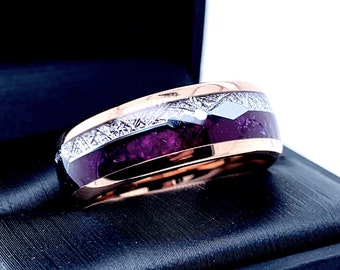 Matching Rings Set, Purple Agate and Meteorite Ring Mens Tungsten Ring, Arrows Ring,  Rose Gold I Male Ring  Ring for Women, Promise Rings