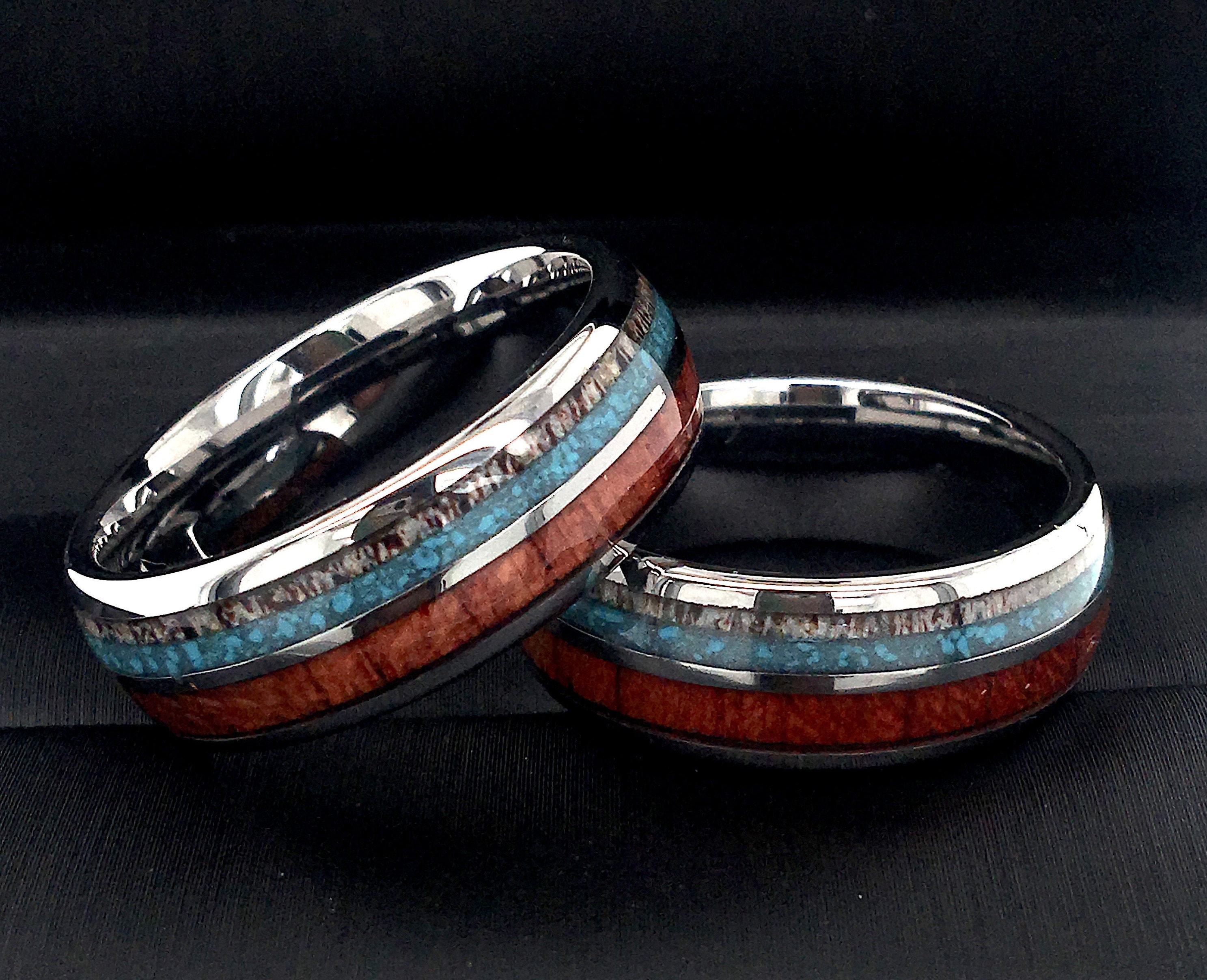 Men Wedding Bands, His and Her PromiseRing, Tungsten Ring, Turquoise, Wood, Antler Ring, Engagement Ring, Unique Rings by Rings Paradise