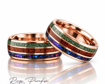 Koa Wood Nebula Rings Set Green Moss Rose Gold Tungsten 8mm