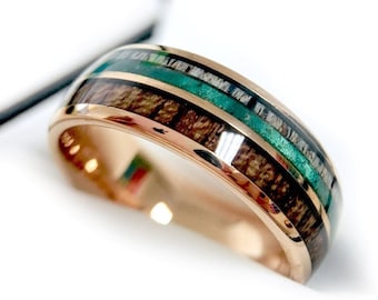 Men&#39;s Tungsten Wedding Bands, Wood & Antler with Green Crystals inlay Rose Gold Tungsten Ring, Mens Engagement Ring, Wedding Bands for Woman
