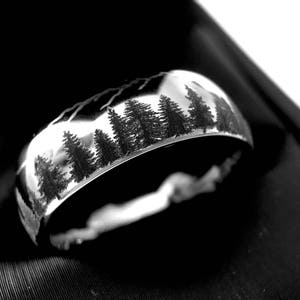 Wedding Bands, Fir Trees in Mountains Forest landscape Pattern, Mens and Women Ring, Tungsten Forest Engraved Ring, His and Her Promise Ring image 2