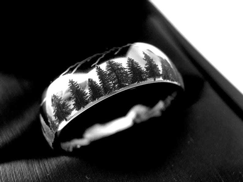 Wedding Bands, Fir Trees in Mountains Forest landscape Pattern, Mens and Women Ring, Tungsten Forest Engraved Ring, His and Her Promise Ring image 2