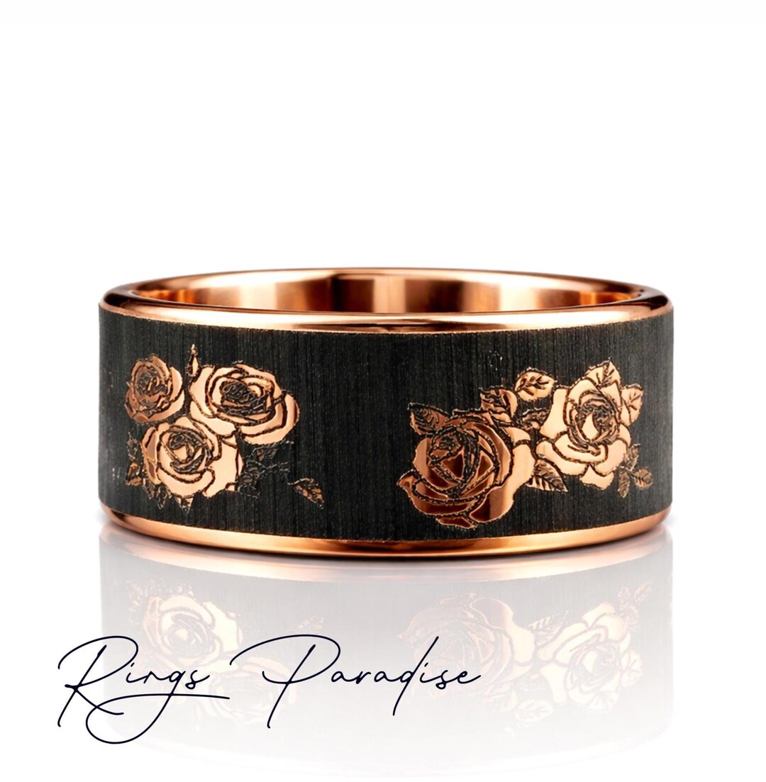 Wedding Rings Rose Pattern Roses Pattern Engraved Rose Gold Tungsten Carbide Wedding Ring - Men's ...