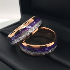 Matching Rings Set, Purple Agate Meteorite Rose Gold Tungsten Carbide ...