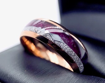 Mens Wedding Band, Rose Gold Tungsten Ring, Purple Agate & Meteorite Ring, Mens Tungsten Band, Arrow Inlay Ring, Men Women Wedding Bands