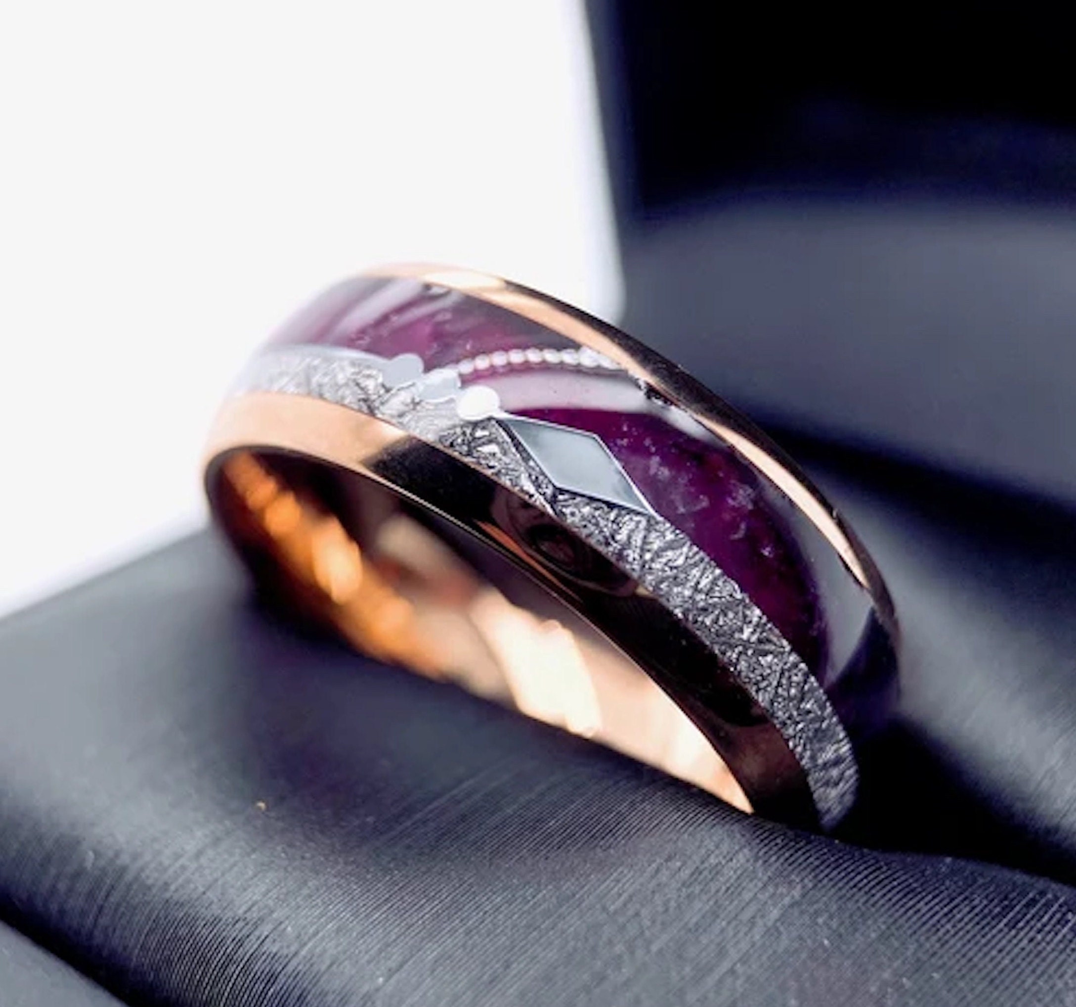 Unique Men’s Rose Gold Tungsten Wedding Band | Purple Agate, Meteorite & Arrow Inlay | Nature-Inspired | Women's Wedding Ring | 8mm