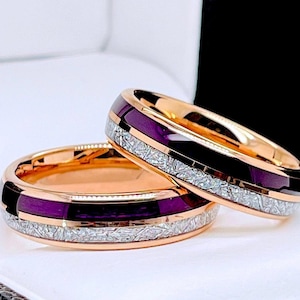 Matching Rings Set | Purple Agate Meteorite Rose Gold Tungsten Rings | His and Hers Wedding Bands | Engagement Ring | Anniversary Gift