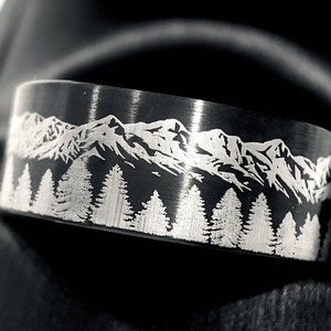 Black Tungsten Ring with Fir Trees & Mountain Engraving | Brushed Wedding Band | Nature Ring | Gift for Men and Women | Engagement Band 8mm