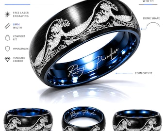 Ocean Wave Black Blue Tungsten Ring | Men’s Wedding Band | His Promise Ring - 8mm, 12mm