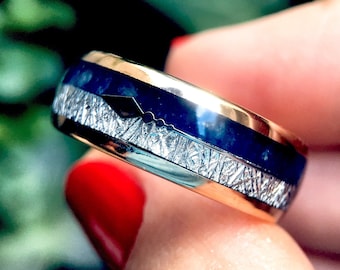 Blue Agate Meteorite Ring | Rose Gold Arrow Tungsten Band | Men&#39;s Weding Ring | Women&#39;s Wedding Ring | Men&#39;s Engagement Ring, 8mm