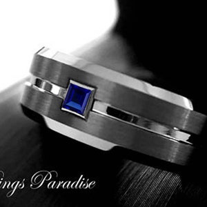 Men&#39;s Tungsten Wedding Bands | Blue Square Sapphire Ring | Tungsten Carbide Mens Wedding Ring | Mens Engagement Ring | Gift for Husband