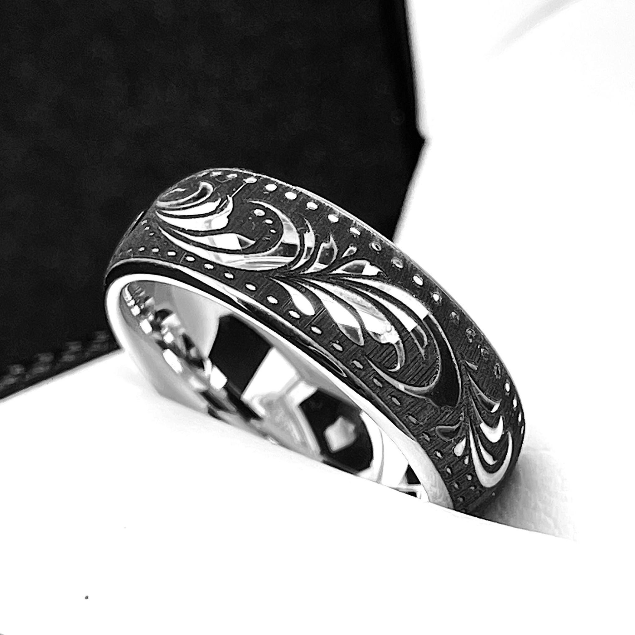 刻印入りタングステンリング | 8mm 装飾ブラックシルバー結婚指輪 