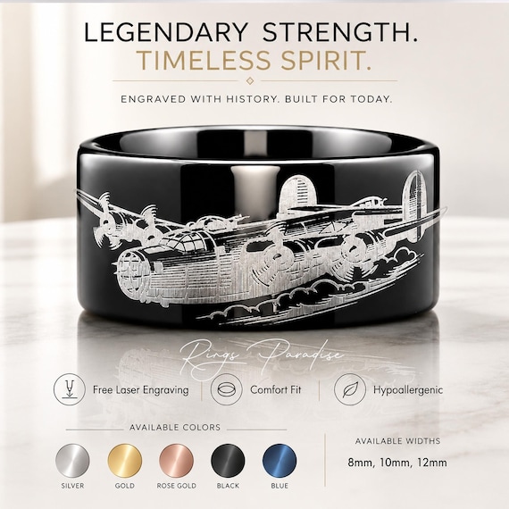 Black Tungsten Ring | B-24 Airplane Engraved | WWII Military Band