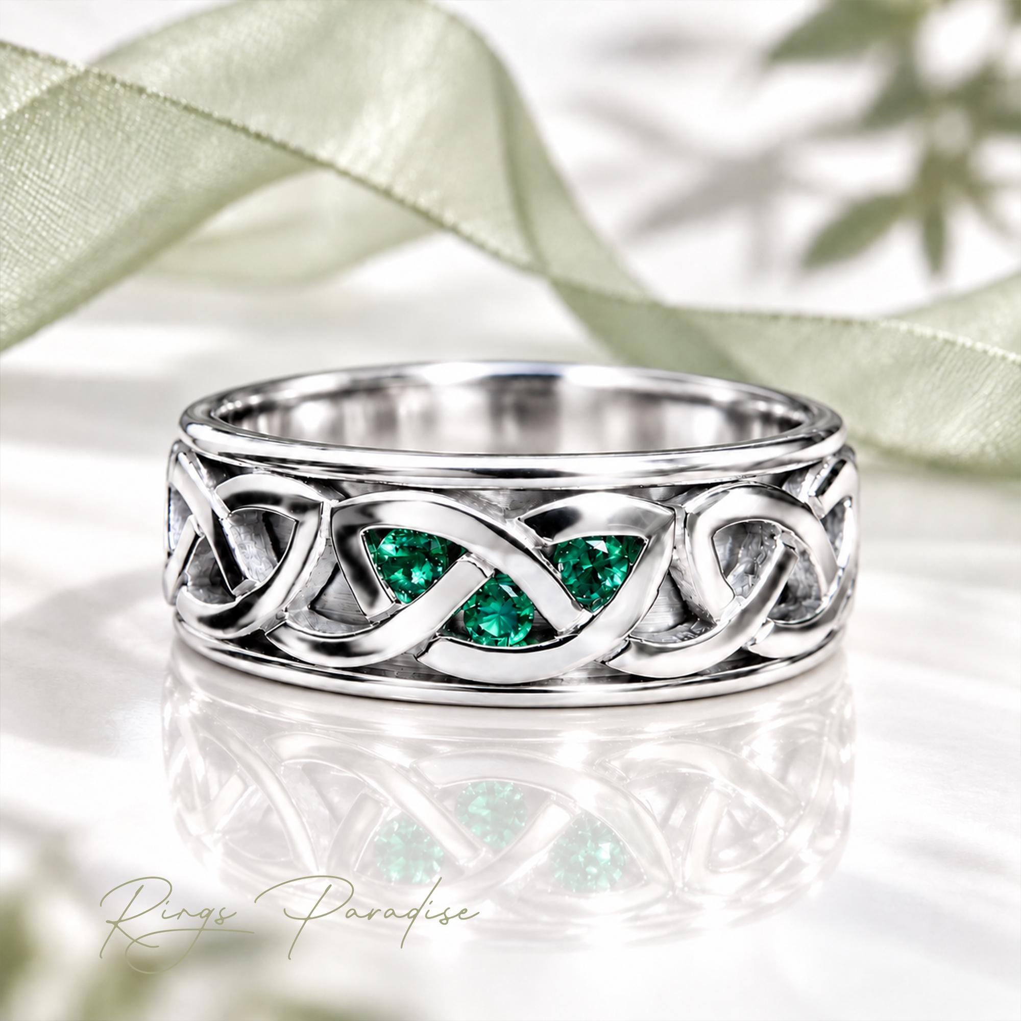 14k White Gold Celtic Knot Ring With Emeralds - Custom Wedding