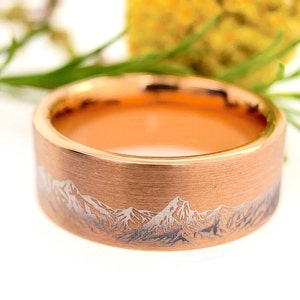 Mountains Range Engraved Rose Gold Brushed Tungsten Ring | 8mm Comfort Fit | Men’s and Women’s Wedding Band | Durable Promise Ring