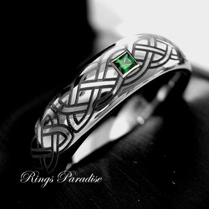 Emerald Tungsten Wedding Band with Celtic Knot | Mens Green Stone Ring | Unique Gift for Husband | Celtic Tungsten Ring | Irish Wedding Band