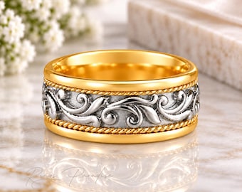 Two-tone 14k gold Celtic Wedding Band with White Gold Knot Scrollwork | 8 mm