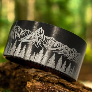 Nature-Inspired Mens Tungsten Wedding Band | Pine Trees & Mountain Forest Engraved Black Brushed Ring - 10mm, 12mm