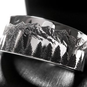 Fir Trees and Mountains Pattern Engraved Tungsten Ring, Wedding Band, Engagement Ring, Mens and Women Anniversary Ring, Mens Gift, 8mm, 10mm