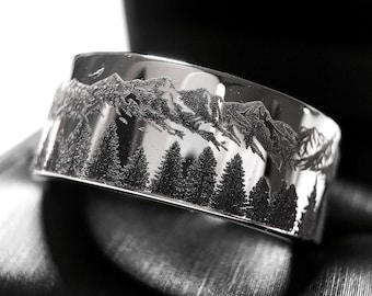 Fir Forest Mountains Ring | Nature-Inspired Tungsten Wedding Band | Men’s & Women’s Engraved Ring | His and Hers Ring | Outdoors Gift