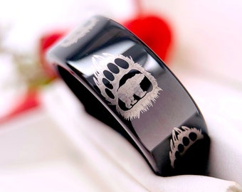 Mens Wedding Band, Mens Ring, Bear Foot Pattern Engraved Black Tungsten Ring, Black Tungsten Ring, Mens Engagement Ring,  Promise Rings