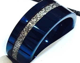 Blue Tungsten Wedding Band | Meteorite Inlay Ring, 7mm 9mm Comfort Fit