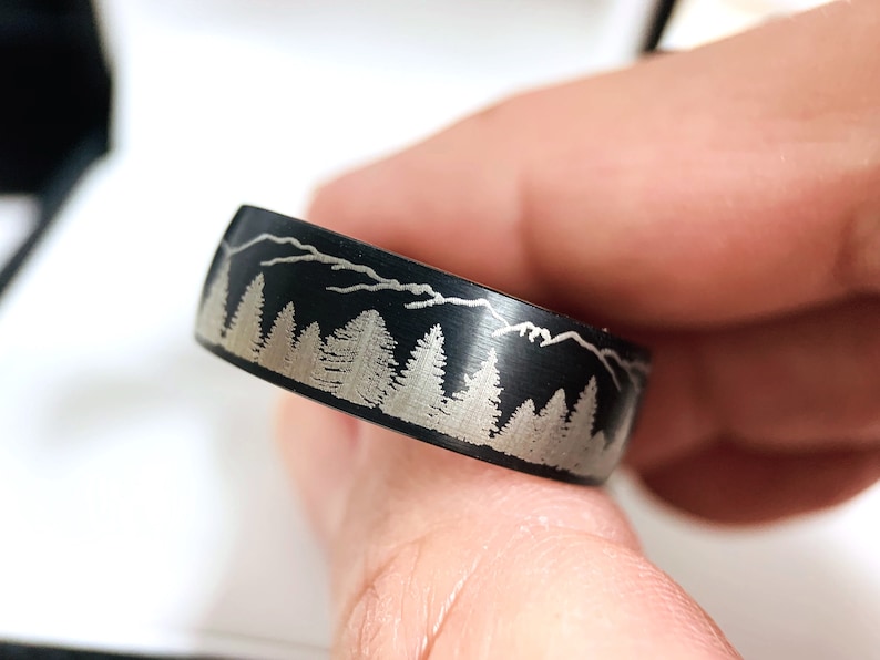 Tungsten Ring Fir Trees in Mountains Forest landscape Engraved His and Hers Promise Ring Mens Wedding Band Mens Ring Whisky Barrel Ring