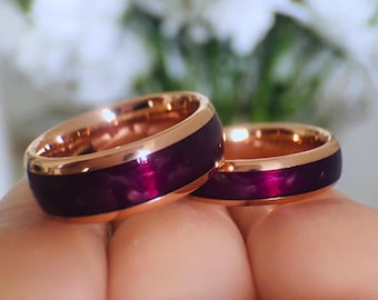 Tungsten Wedding Band | Purple Agate Rose Gold Ring | 6mm, 8mm Men’s & Women’s Engagement or Promise Ring