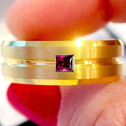 Yellow Gold Mens Tungsten Ring Square Ruby Stone Ring Etsy