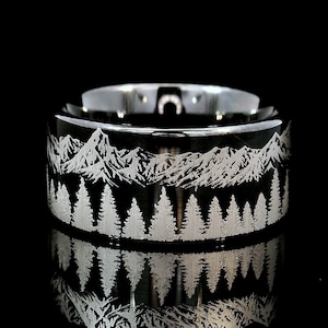 Mountain and Fir Tree Forest Engraved Black Tungsten Ring | Nature Wedding Band | Comfort Fit |  Gift for Husband | Gift for Wife