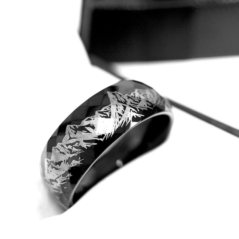 Custom Engraved Mens and Women Ring Engagement Ring High Polished Hammered Black Tungsten Carbide Ring His Promise Ring Mountains Ring