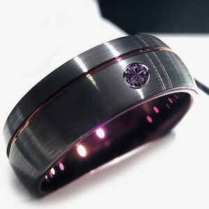 Gunmetal Tungsten Ring with Purple Amethyst Stone - Unisex Wedding or Promise Ring, 7mm, 9mm