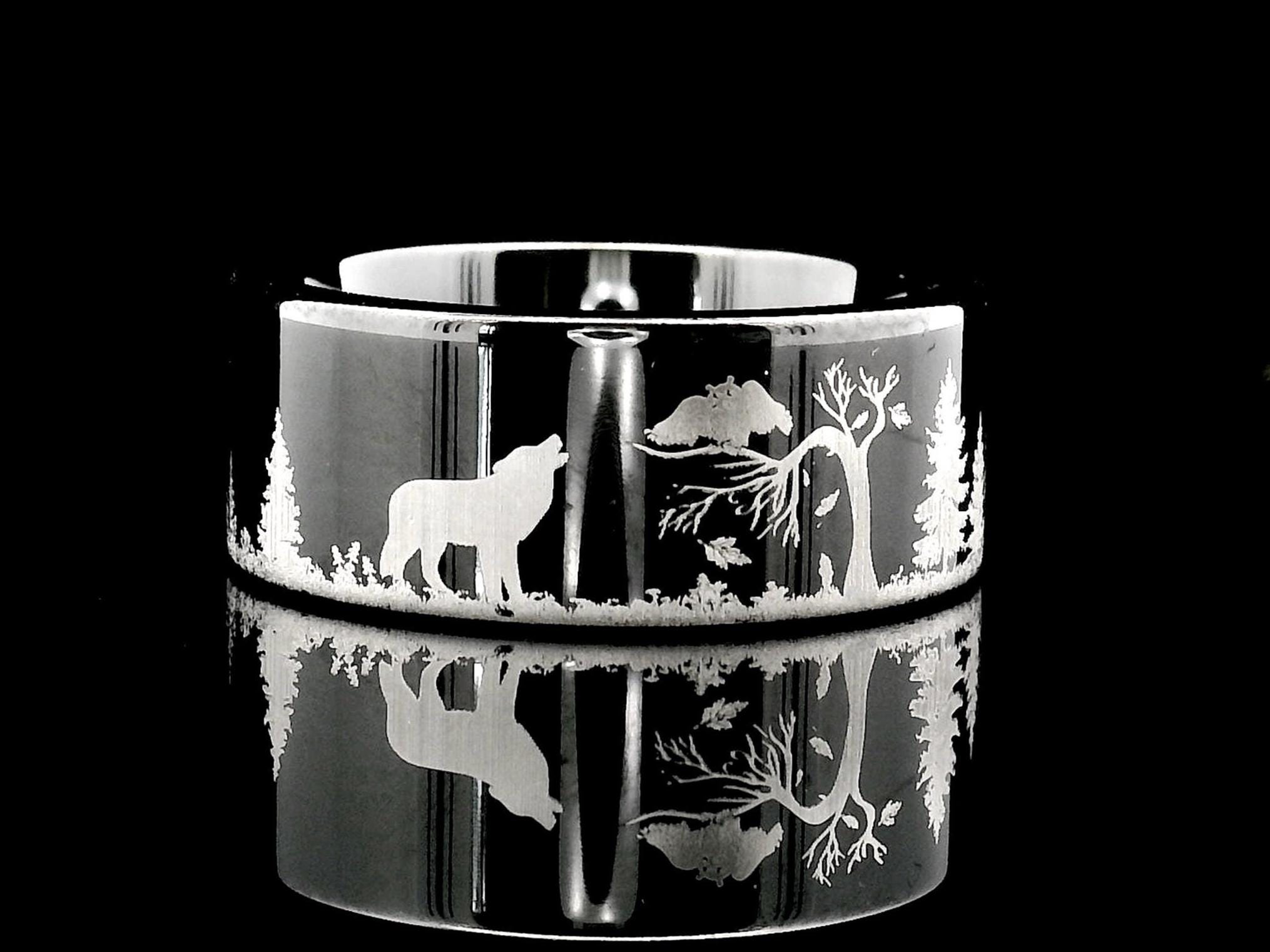 Howling Wolf & Owl Engraved Black Tungsten Ring, Wedding Band - (8mm)