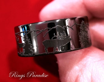 Wedding Bands, Deer Stag Mountains Forest landscape Wedding Bands, Men and Women Rings, Engagement Rings,  His and Her, Promise Rings, Rings
