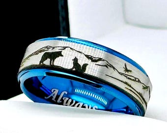 Wolf & Fox Ring: Engraved Mountain Forest Tungsten Wedding Band- 8mm