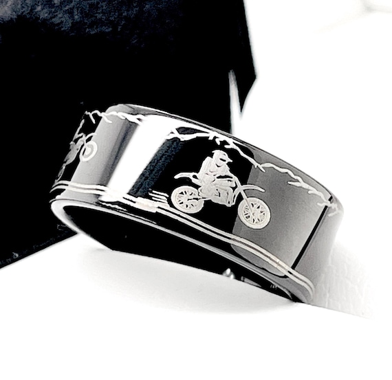 Tungsten Motocross Wedding Band | Custom Engraved Black Tungsten