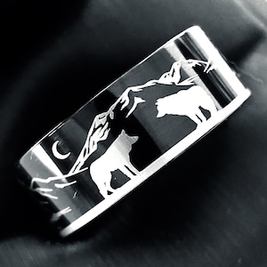 Two Wolves Ring | Forest & Mountains Scene Engraved Tungsten Band | Black Mens Wedding Ring | Nature Ring | Gift for Husband | Promise Ring