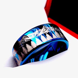 Fir Trees Mountains Ring | Blue Tungsten Wedding Band | Custom Engraved Nature Ring | Comfort Fit | 8mm 10mm 12mm | Gift for Him or Her